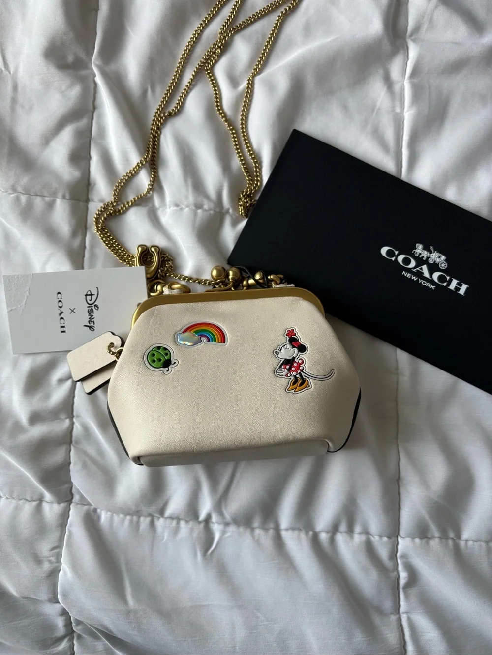Coach Cream Mickey Kisslock Crossbody with Gold Chain